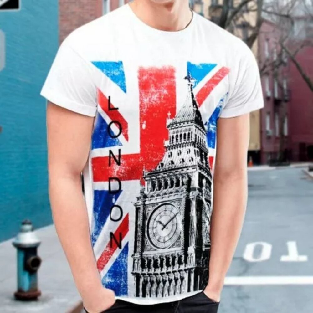 NWT EXCHANGE LONDON FLAG MEN'S WHITE CREW NECK SHORT SLEEVE T-SHIRT SIZE XL